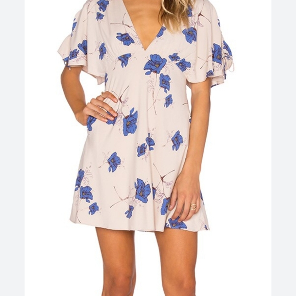 FREE PEOPLE MELANIE Blue FLORAL Beige RUCHED SLEEVE MINI DRESS SZ 0 Babydoll - Picture 2 of 16